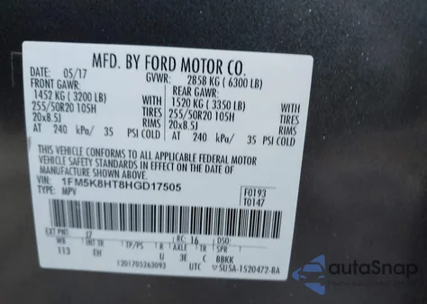 2017 Ford Explorer Platinum z USA, uszkodzony, nr VIN 1FM5K8HT8HGD17505